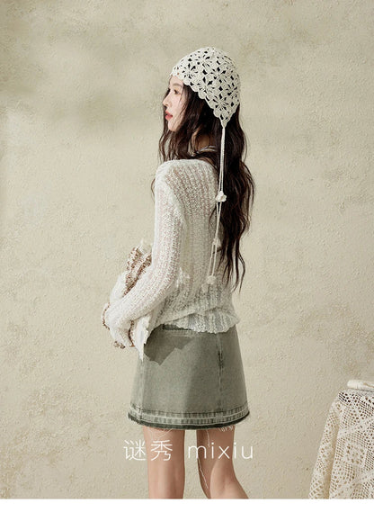 Women 's Apricot White Hollow Knitted Sweater Spring 2025 Mohair Cover Drop Sleeve Top Strapless Slim Tube Top MXE12Z1120