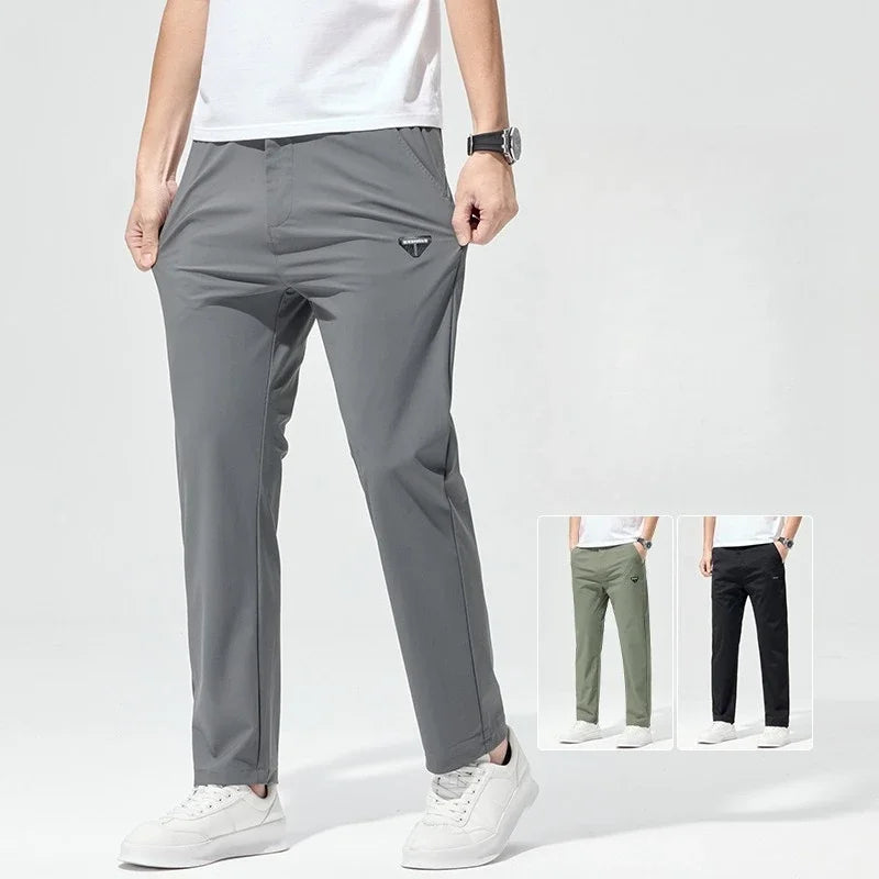 Korean Street Summer Y2K Men's Ice Silk Casual Pants All Match Elastic Sweatpants Office Business Fashion Straight Suit Trousers