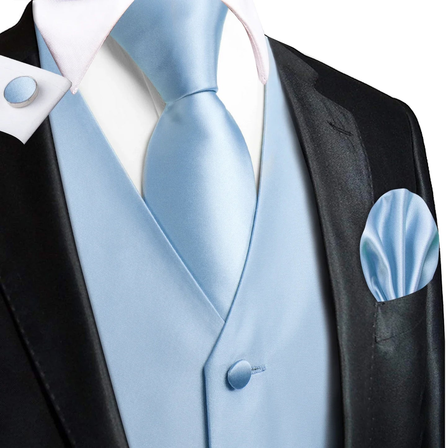 Light Blue Solid Satin Waistcoat 4-In-1 Kit Tie Square Cufflinks For Spring Bridal Shower Outdoor Wedding