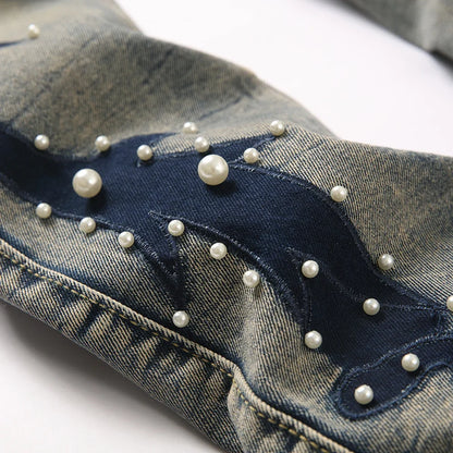 Men's Pearl Boot Cut Denim Jeans Embroidery Patch Slim Flared Pants Casual Streetwear Vintage Blue Trousers