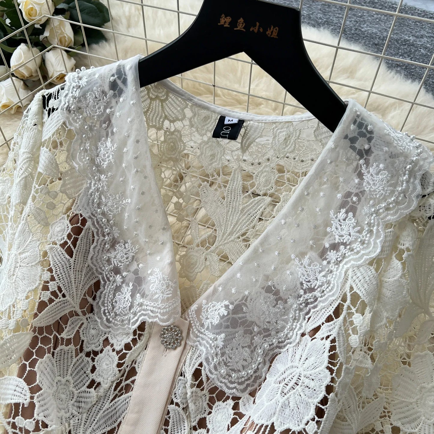 Classy Vintage Flower Lace Dress Office Lady Hollow Out Sashes Short Sleeve Bodycon French Senior Straight Long Dress