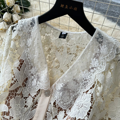 Classy Vintage Flower Lace Dress Office Lady Hollow Out Sashes Short Sleeve Bodycon French Senior Straight Long Dress