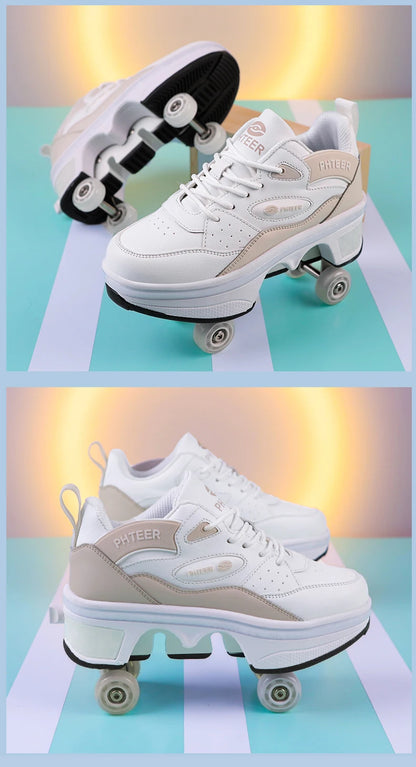 Deformation Shoes Roller Sneakers With 4 Wheels Skates Adult Kids Runaway Parkour Wheels Shoes For Women Men Youth Sport Shoes