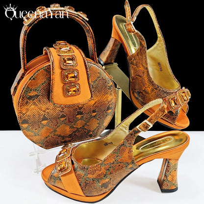 New Luxurious Italian Women's Party Shoes&Bag Set Elegant Golden Rhinestone  Sandals with Peep Toe High Heels Wedding
