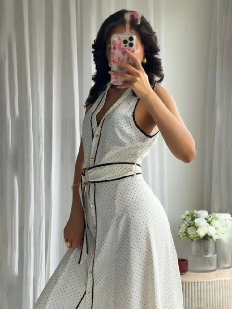 Woman Elegant Chic Sleeveless Single-breasted Midi Dress Summer Women Sexy White Polka Dot Shirt Style Chart Dress Mujer