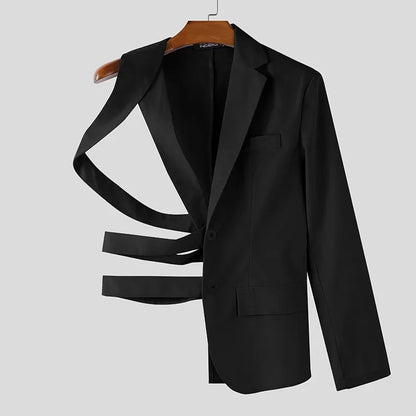 Men Irregular Blazer Lapel One-shoulder Long Sleeve Button Hollow Out Casual Suit Men Streetwear 2025 Fashion Thin Coats