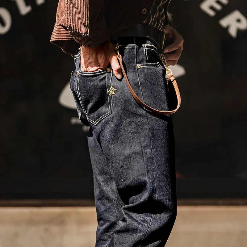Vintage Embroidered Denim Jeans for Men Amekaji 15oz Heavy Baggy Jeans Original Cowboy Casual Pants Straight Trousers