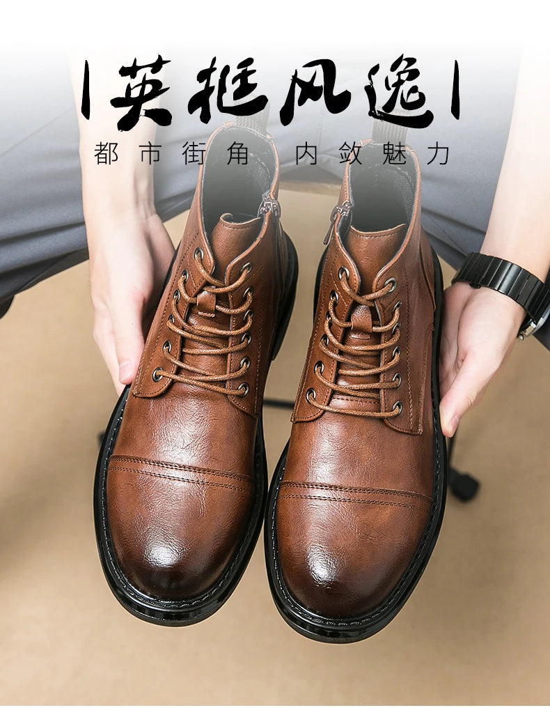 Men Black Leather Boots Casual Lace Up Leather Shoes Size 39-46