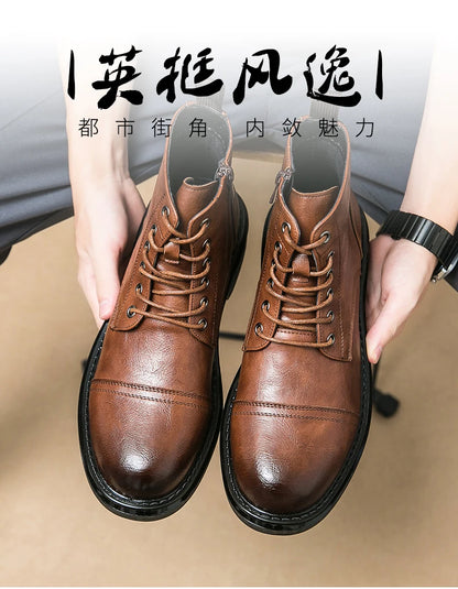 Men Black Leather Boots Casual Lace Up Leather Shoes Size 39-46