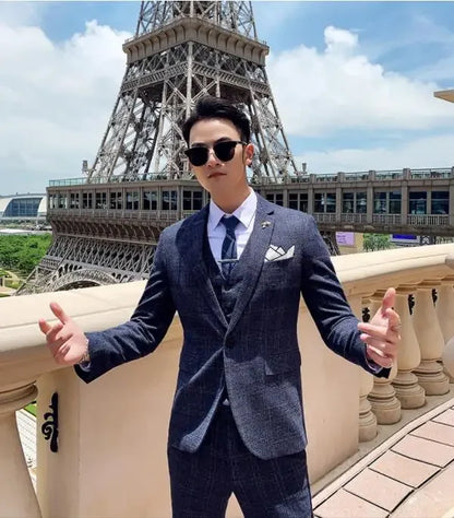 Coffee Brown Men Striped Plaid 3-Piece, Dark Blue Wedding Party Slim Fit Blazers Jacket and Vest with Pants, Asian Size M-5XL