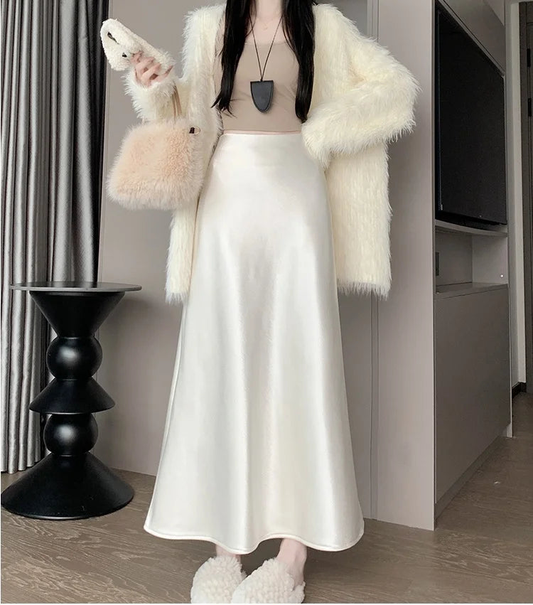 New Autumn Winter Solid Satin Silk Mermaid Skirt Women Fashion High Waist Office Ladies Work Warmth Party Long Maxi Skirt