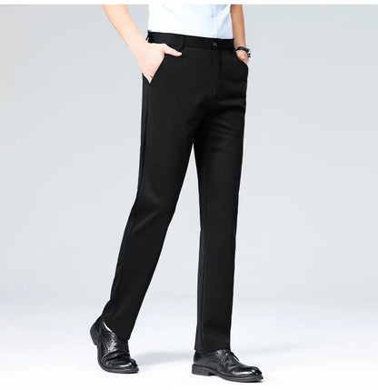 High-stretch fabric men's business trousers suitable for all seasons, featuring an elastic waistband and classic office/work for