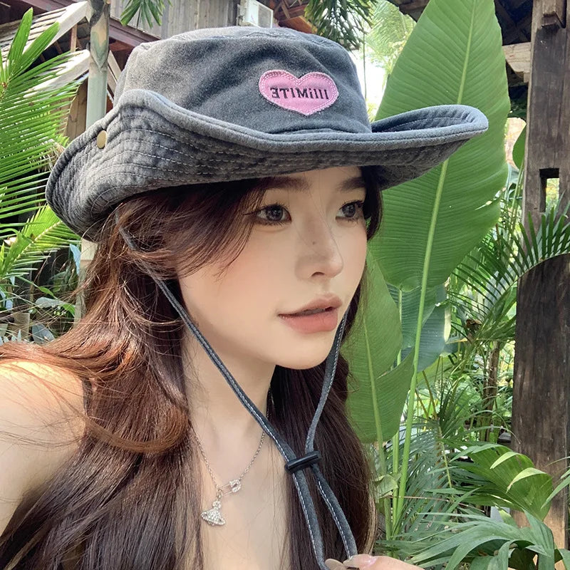 Retro Washed Bucket Hats for Women Cowboy Hats Outdoor Camping Sun Protection Sweet Pink Love Bucket Caps