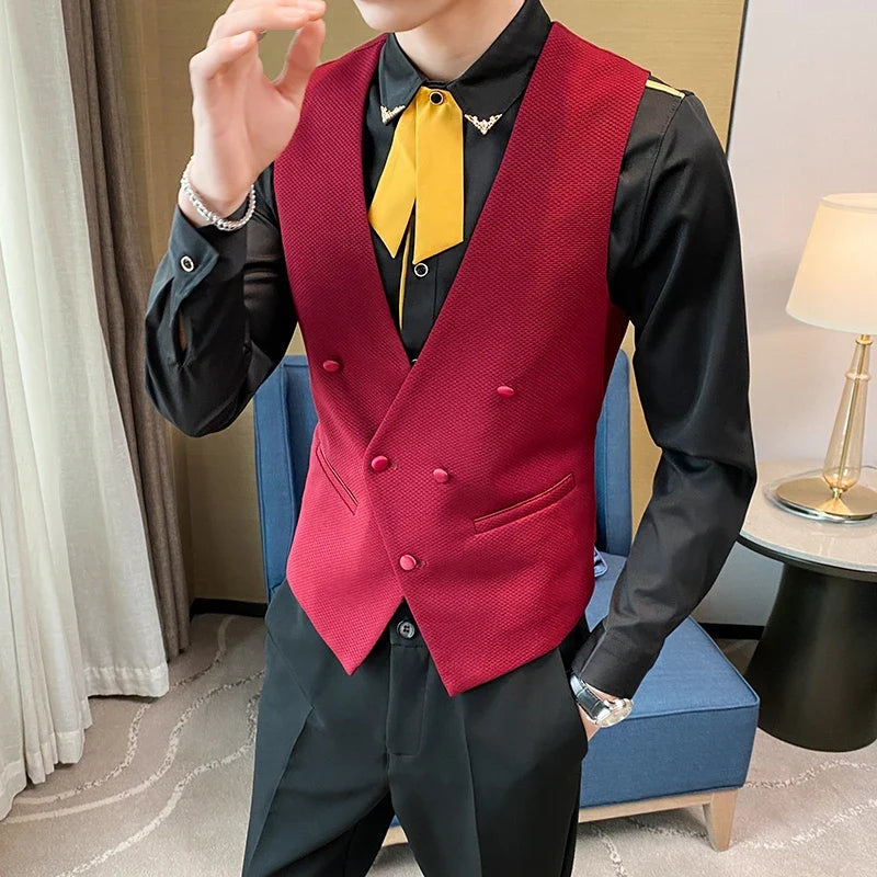 2025 New Fashion Men's Double Breasted Gentleman Dress Casual Vest Fashion Nightclub Bartender Work Clothes V Neck Vest Jacket