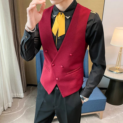 2025 New Fashion Men's Double Breasted Gentleman Dress Casual Vest Fashion Nightclub Bartender Work Clothes V Neck Vest Jacket