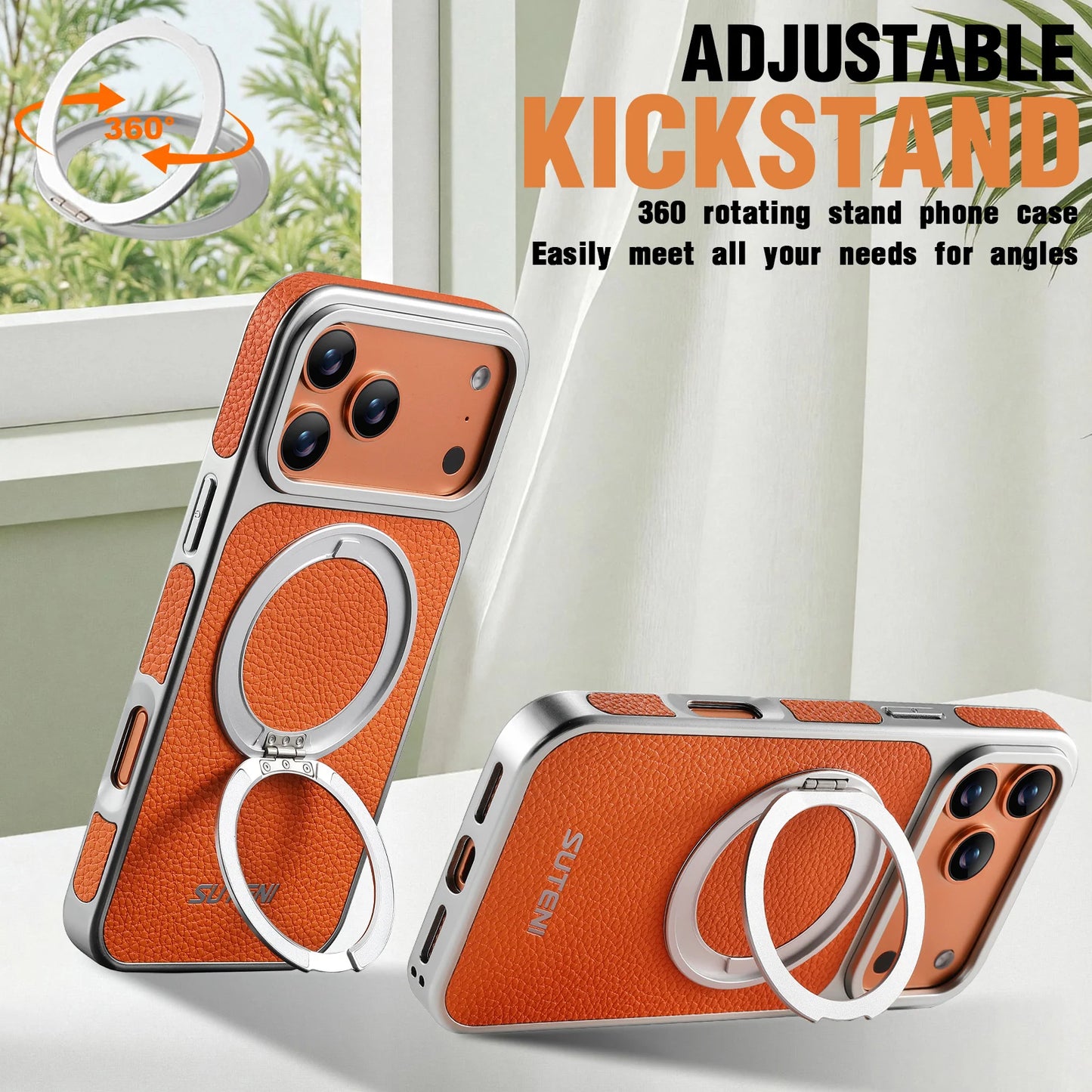 Faux Leather Magnet Wireless Charging Phone Case 360° Rotating Stand Ring Buckle Frosted Feel For iPhone 17 Pro Max 16 15