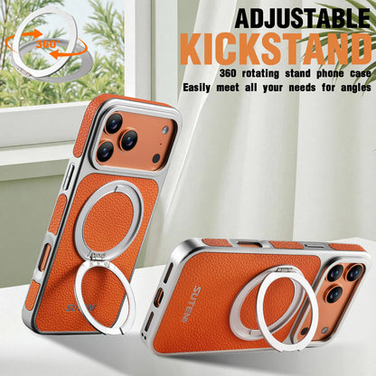 Faux Leather Magnet Wireless Charging Phone Case 360° Rotating Stand Ring Buckle Frosted Feel For iPhone 17 Pro Max 16 15