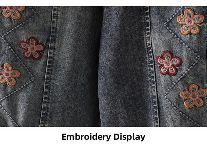 Retro Ethnic Sle Embroidered  Plum Blossom Jeans Women Loose Patchwork Print Nine Points Harlan Pants Spring Sle