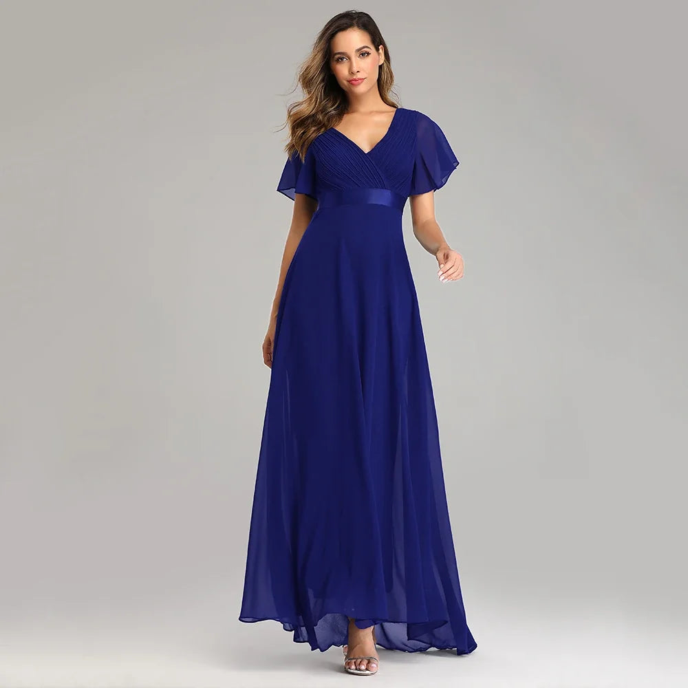 Evening Dresses Elegant V-Neck Ruffles Chiffon Formal Evening Gown  Robe Vestidos De Fiesta Dress for Wedding Party