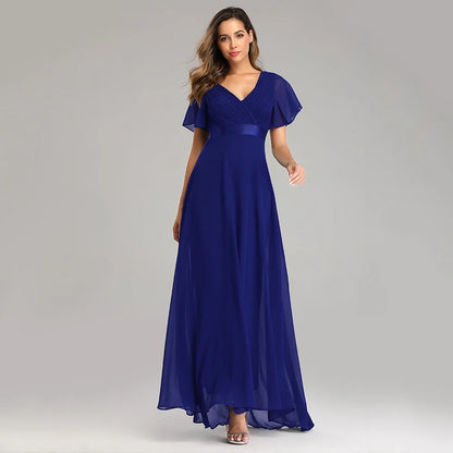 Evening Dresses Elegant V-Neck Ruffles Chiffon Formal Evening Gown  Robe Vestidos De Fiesta Dress for Wedding Party