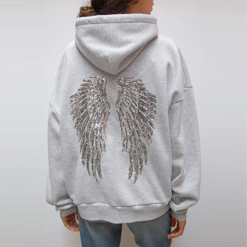 Sequin Angle Wings Hoodie Pullover For Women Loose Solid Hooded Sweatsuit 2025 New Lady Autumn Winter Outwears