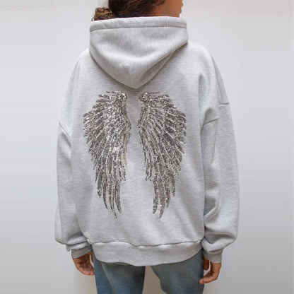 Sequin Angle Wings Hoodie Pullover For Women Loose Solid Hooded Sweatsuit 2025 New Lady Autumn Winter Outwears
