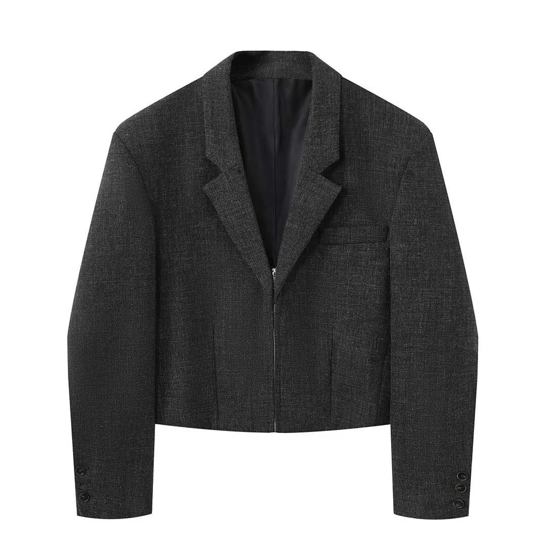 2026 Early Spring Fashion Deep Collar Shoulder Pads Split Line Zipper Blazer Women Temperament Short Coat Black Gray