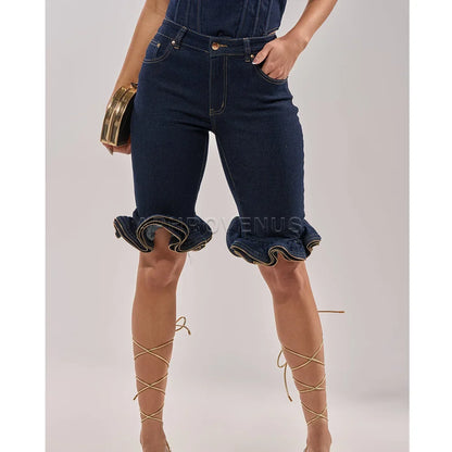 Wave Ruffle Hem Slim Denim Shorts Women Casual High Waist Slim Fit Ruffled Denim Shorts Fashion Slimming Streetwear
