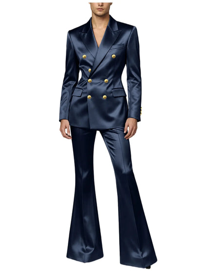 Men's Double Breasted Satin Suit Set 2 Piece Notch Lapel Gold Button Blazer Flare Pants Formal Wedding Prom Party Groom Outfit