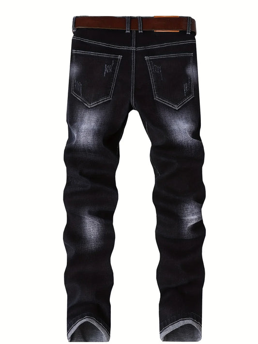 Motorcycle Trendy Straight Men's Jeans Elastic Washed Fashion Streetwear Denim Pants Embroidery Hip-Hop Trousers (Without Belt)