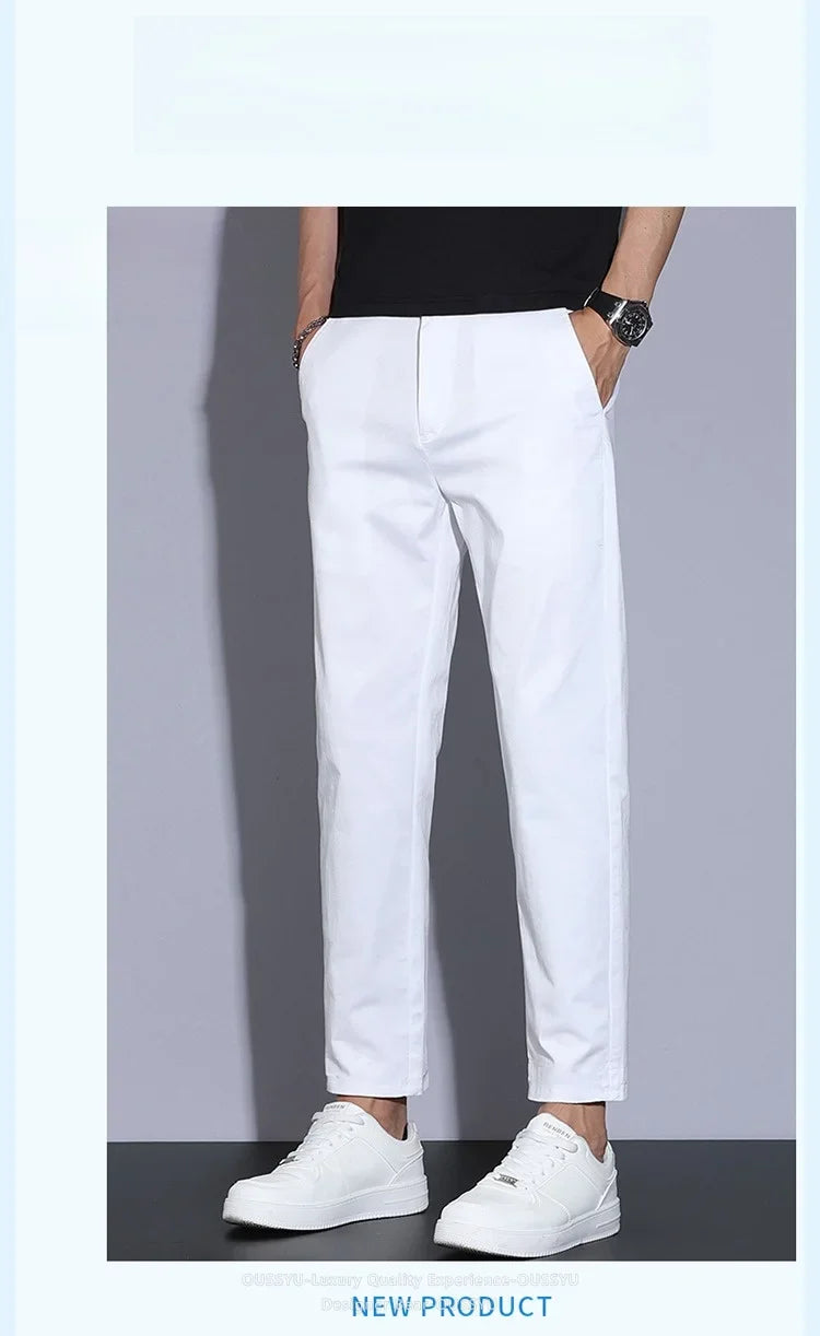 High Quality Summer Men's White Ankle Length Casual Pants 97%Cotton Breathable Straight Business Slim Work Chino Trousers Man
