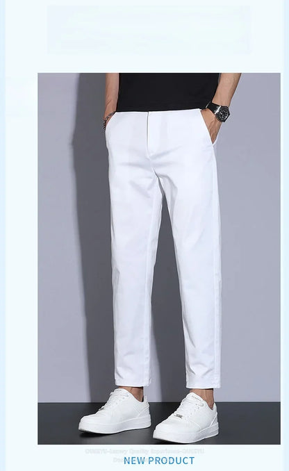 High Quality Summer Men's White Ankle Length Casual Pants 97%Cotton Breathable Straight Business Slim Work Chino Trousers Man