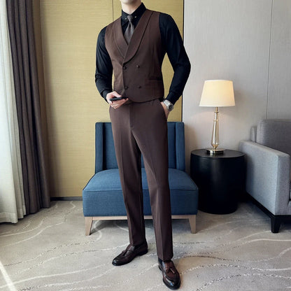High-end Double-breasted Suit Vest With Pants 2024 New Men Fashion Slim Business Casual Best Groom Wedding Dress Vest  2 Pcs Set