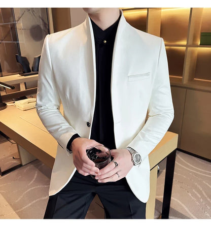 New Blazer Cowhide Velvet Korean Version Business Slim Fit Suit Stand Collar Fashionable Casual Suit Jacket Men Formal Clothing
