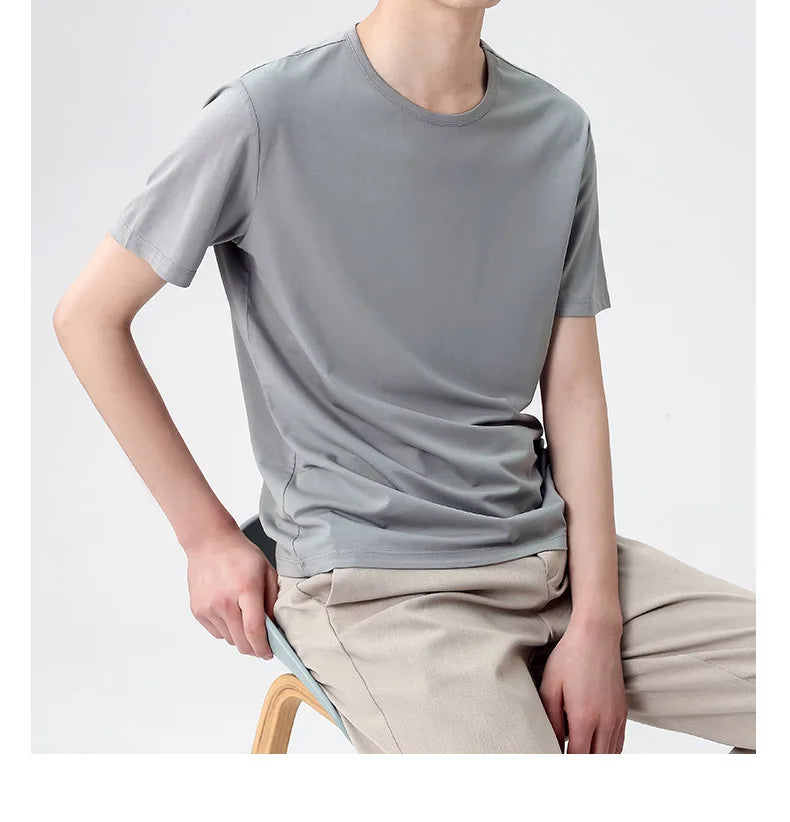 47% Cotton 47% Modal 6% Spandex T Shirt Men Short Sleeved Summer Round Neck Undershirt Plus Size Men's Solid Color Tops Tees