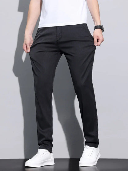 Fiber Fabric Summer Men's Casual Pants Fashion Thin Soft Breathable Elastic Business Slim Straight Trousers Black Gray