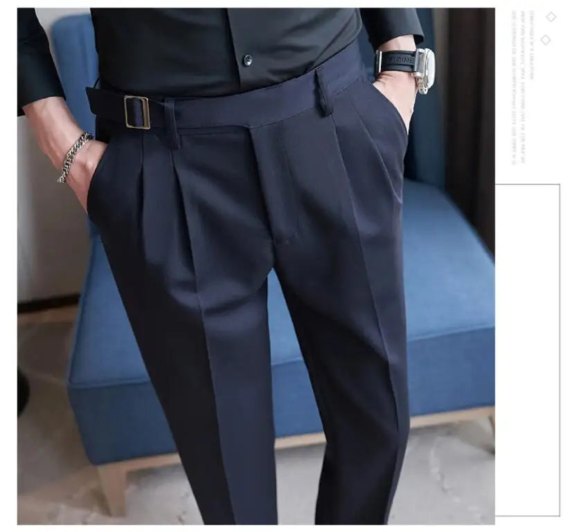 Pure Color Male Business Wedding Dress Pants Fashion Unique Design Men Waist Adjustable Suit Pant No Belt Slim Trousers Homme