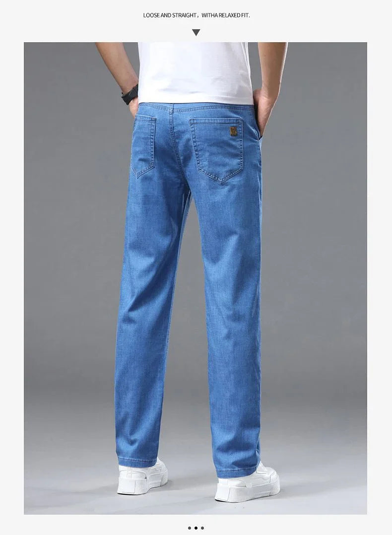 Light blue classic business jeans, fashionable breathable denim elastic pants, black blue men's straight leg jeans, sizes 28-40