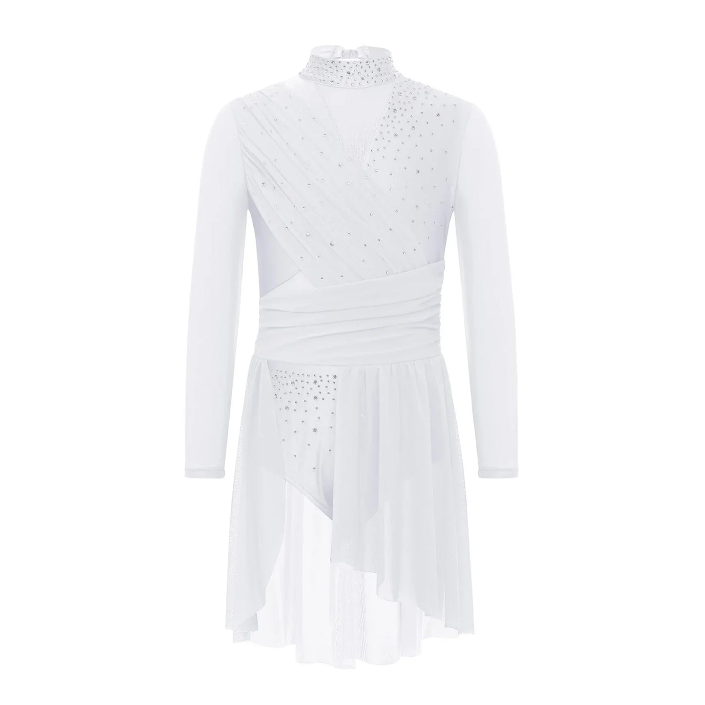 Kids Girls Gymnastics Figure Skating Ballet Lyrical Dance Costume Dress Side Split Sheer Mesh Ruched Glittery Rhinestones Dress