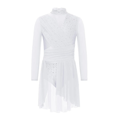 Kids Girls Gymnastics Figure Skating Ballet Lyrical Dance Costume Dress Side Split Sheer Mesh Ruched Glittery Rhinestones Dress