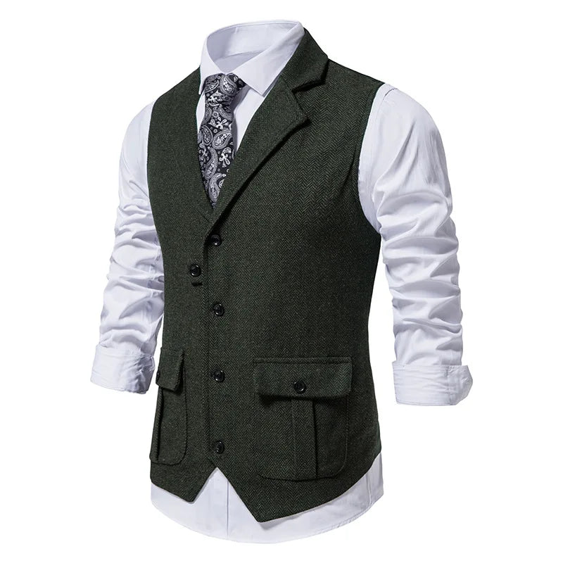 Tailored Collar Vest for Men Single Breasted Herringbone Tweed Suit Vest Mens Formal Striped Waistcoat Punk Groomsmen Wedding