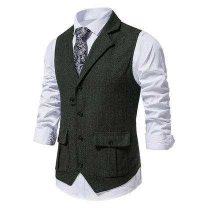 Tailored Collar Vest for Men Single Breasted Herringbone Tweed Suit Vest Mens Formal Striped Waistcoat Punk Groomsmen Wedding