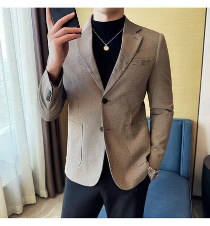 Korean Vintage Elegant Men's Business Slim Fit Suit Jacket 2026 New Fashion Lapel Single Breasted Men Social Party Dress Coats