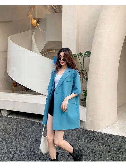 Korean Fashion Loose Thin Blazer Women Spring Autumn New Extra Large Mid Length Short Sleeved Women Coat Casual Outwear