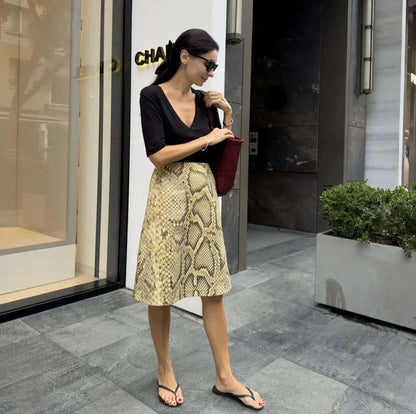 Snakeskin Printed Fashion Skirt Women's High Waist Slim Contrast Patchwork Commute Streetwear Female Vintage Y2k Skirt DDX8