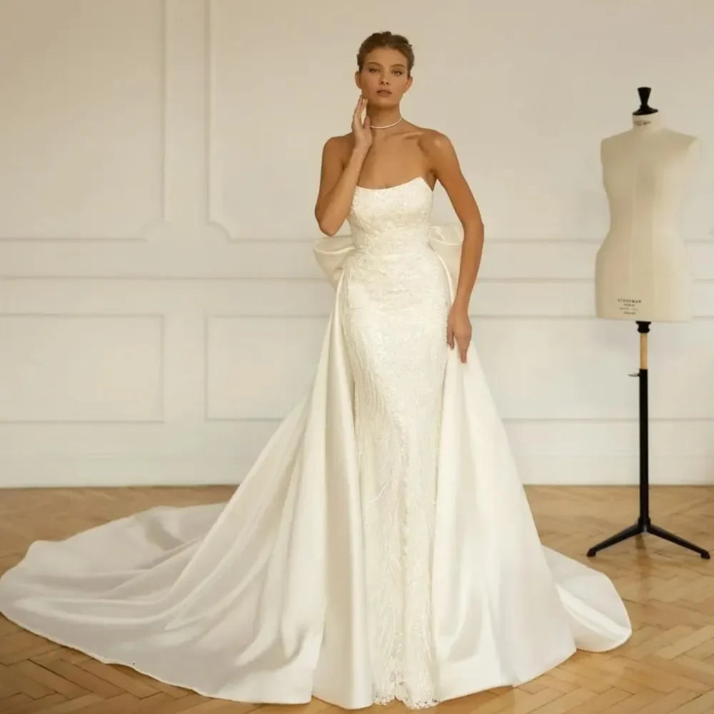 Boat Neck Mermaid Wedding Dresses with Dechable Train Sequined Beading Luxury Vestidos De Novia Vintage Bridal Gowns