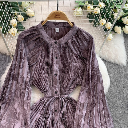 Ele Printed round Ne Lantern Sve Dr Women's Single Button Waist Cinch Maxi Skirt Long Dr Commute Sle Autumn