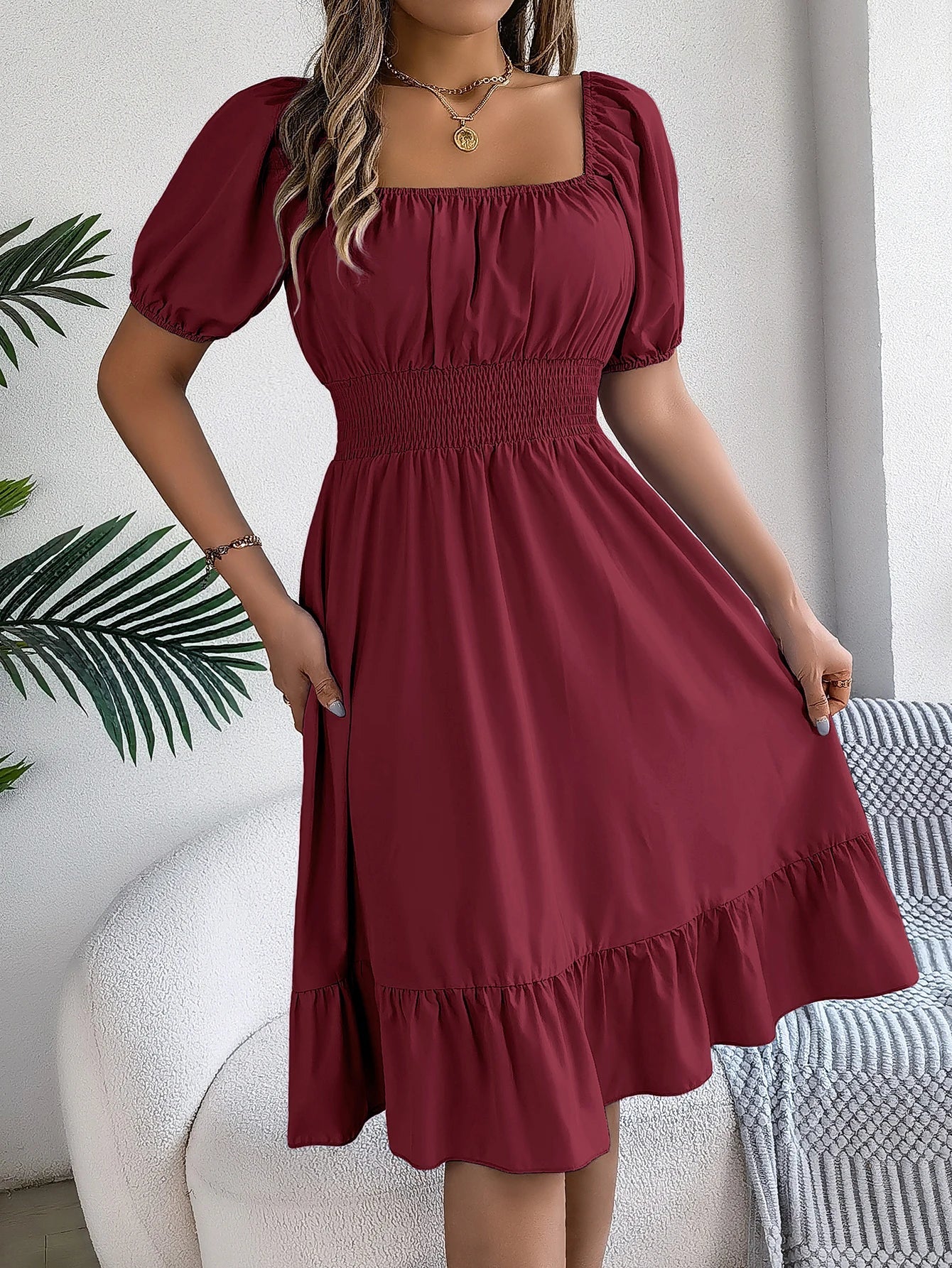 Spring Summer Elegant High Waisted Dress Square Neck Short Sleeved Ruffled Edge Long Dresses 2026 Valentine's Day Woman Clothing