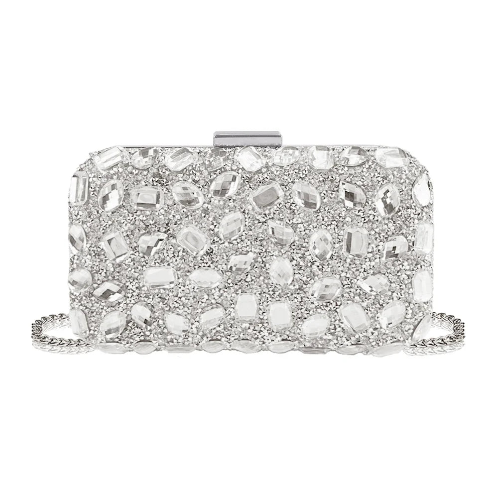 Fashionable and Luxurious, Simple Rhinestone Party Clutch and Box Bag, Exquisite and Elegant Women's Evening Bag, Paired with a Gorgeous Rhinestone Pendant Necklace, Bracelet, and Earrings Four-Piece Set, Perfect Wallet for P