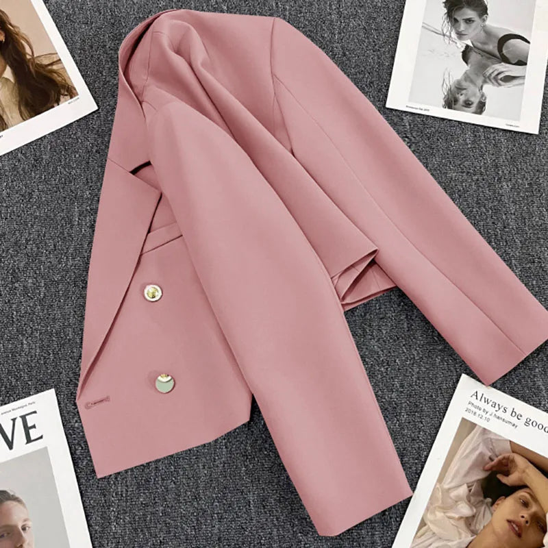Lucyever Cropped Blazer Jacket Women Korean Fashion Double-Breasted Suit Coat 2024 Autumn New Casual Simple Office Lady Blazers